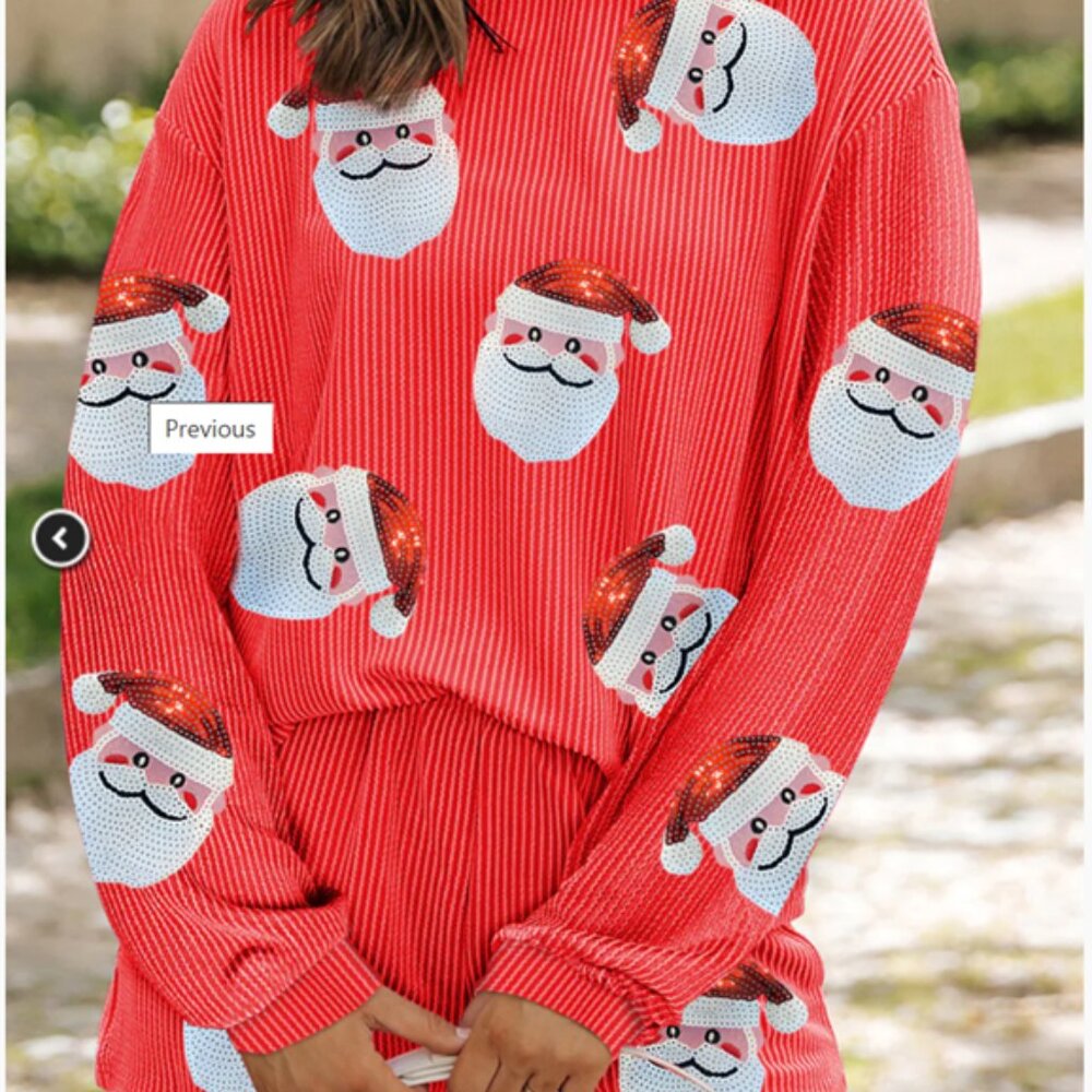 Sequin Santa Round Neck Long Sleeve Top and Shorts Set, XL